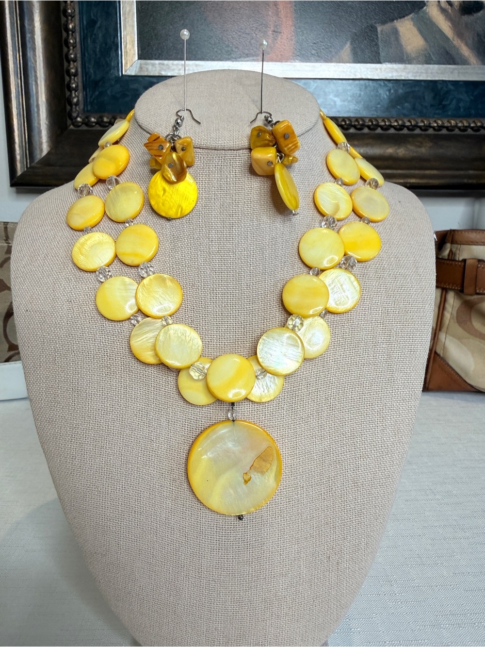 Yellow Shell Disc Double-Strand Necklace with Matching Earrings